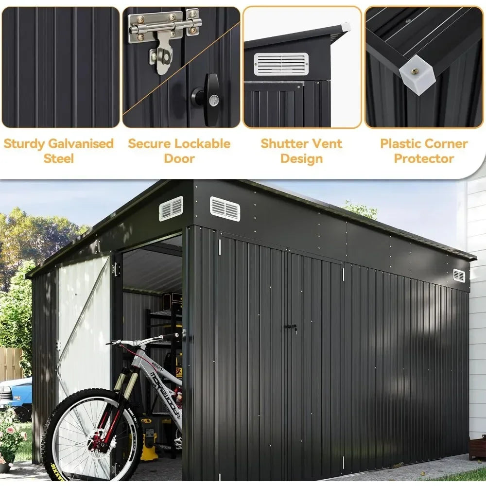 11.5'x7.5' Outdoor Metal Storage Shed – Triple Lockable Door with Sloping Roof for Tools & Bicycles