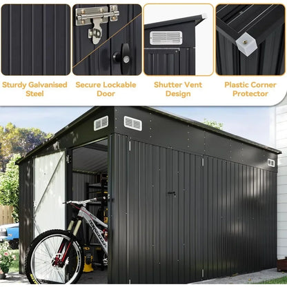 11.5'x7.5' Outdoor Metal Storage Shed – Triple Lockable Door with Sloping Roof for Tools & Bicycles
