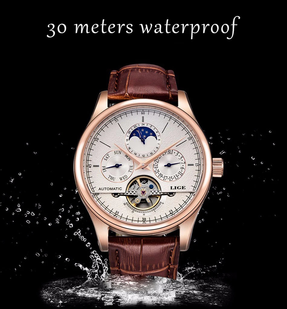 LIGE Men's Automatic Mechanical Tourbillon Watch - Waterproof Genuine Leather Military Wristwatch