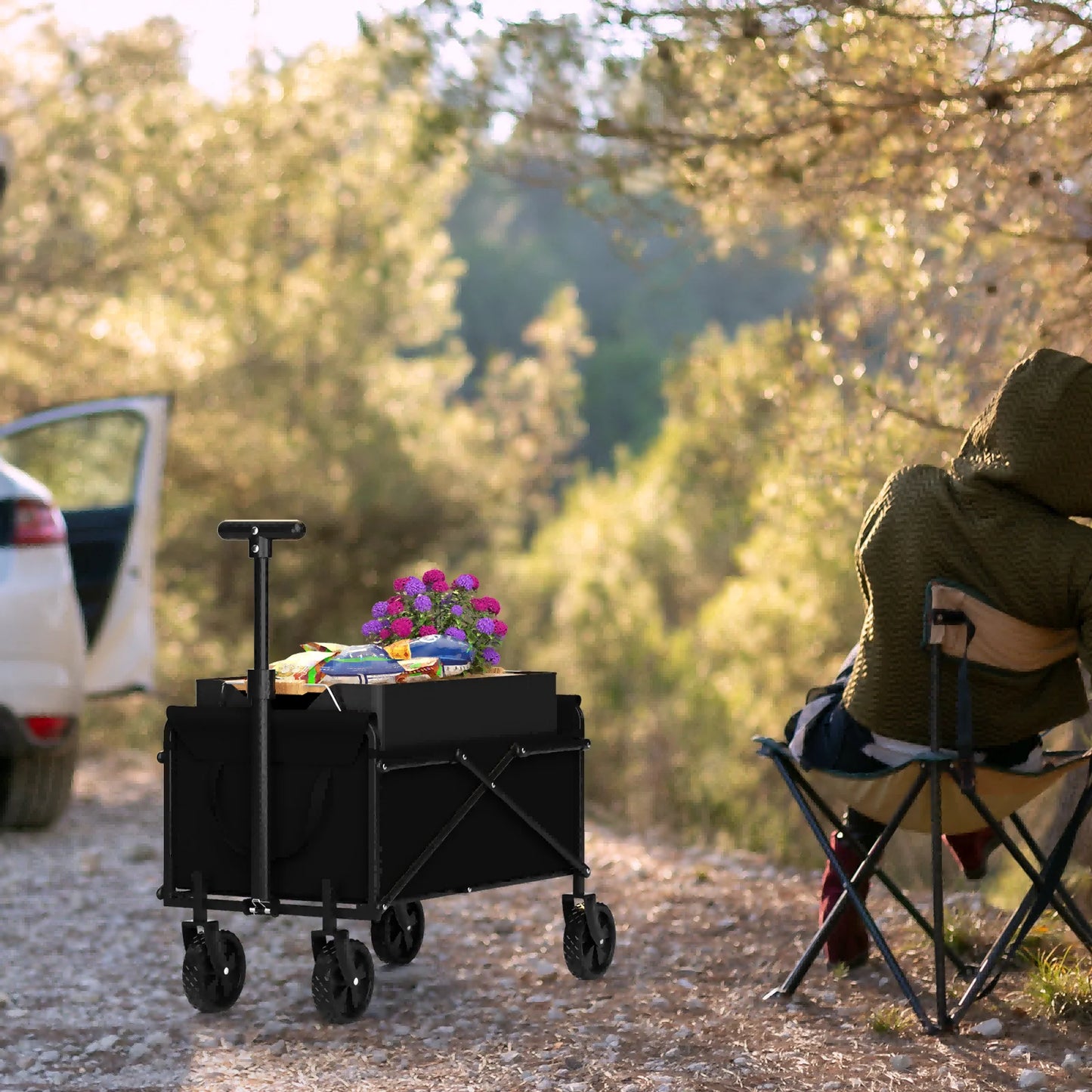 Black Folding Handcart — Small Portable Outdoor Garden Utility Wagon for Shopping, Picnic & Beach