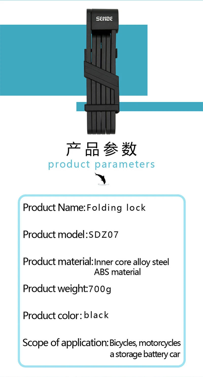 Folding Bicycle Chain Lock – Portable Anti-Theft E-Bike Cable Padlock, Compact Safety Lock for Bikes