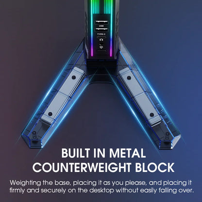 RGB Gaming Headset Stand – LED USB Charging Dock with Sound-Activated Lights & 11 Modes