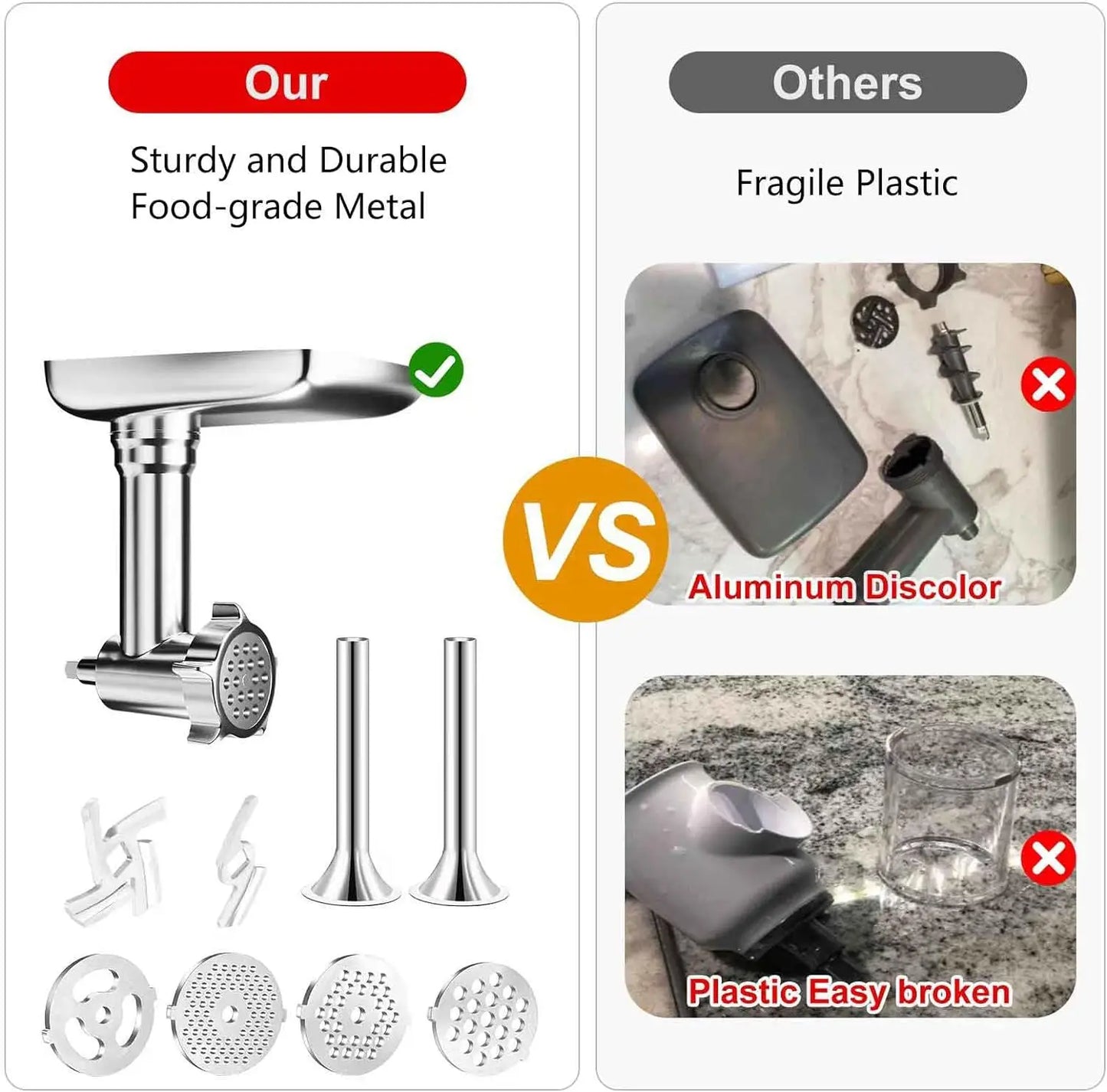 Metal Food Grinder Attachment for KitchenAid and Cuisinart SM-50 Series Stand Mixers - Includes Meat Grinder and Sausage Stuffer