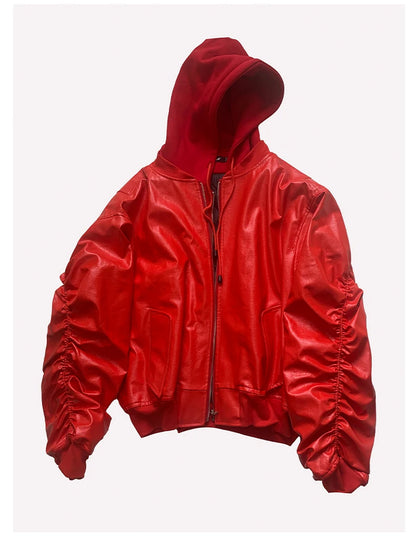 Mauroicardi Autumn Winter Oversized PU Leather Bomber Jacket for Men - Thickened Warm Hooded Luxury Designer Coat