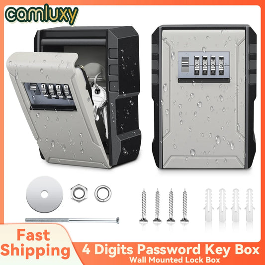 Camluxy Wall-Mounted Key Lock Box – Weatherproof 4-Digit Password Safe for Indoor & Outdoor Anti-Theft Key Storage