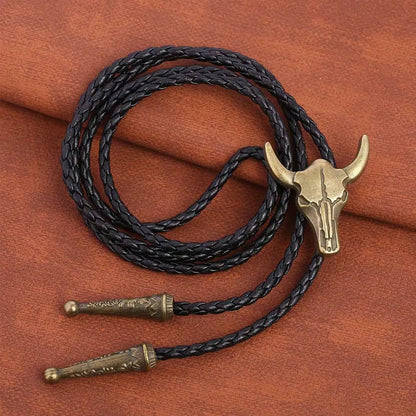 Golden Bolo Tie for Men – Adjustable Cowboy Garment Accessory with Bull Head Pendant, Western Style Necklace
