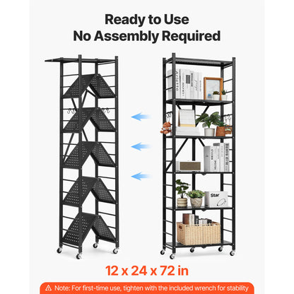SucceBuy 3-6 Tier Black Foldable Storage Shelf — Wheeled Metal Rack Organizer for Kitchen & Garage
