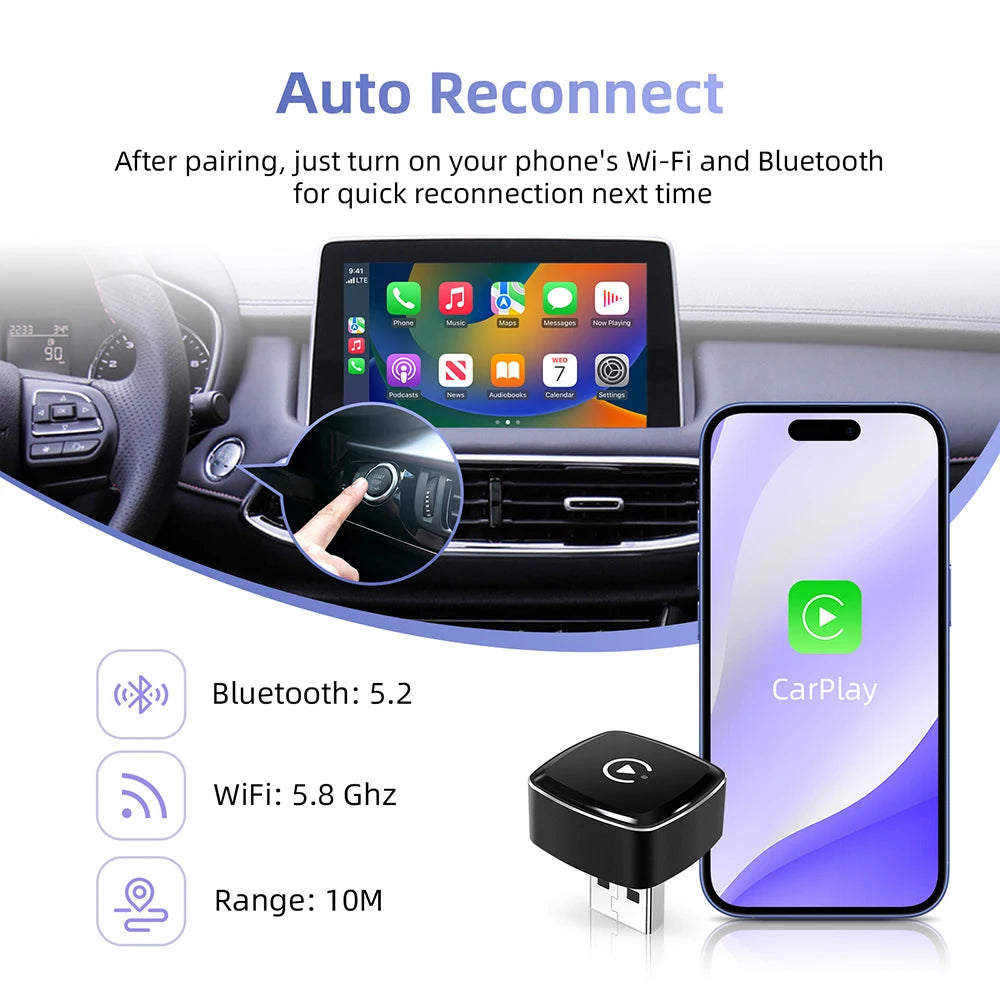 Wireless CarPlay & Android Auto Adapter – USB Mini Dongle Plug & Play for VW, Toyota, Nissan, Honda, Ford, Benz