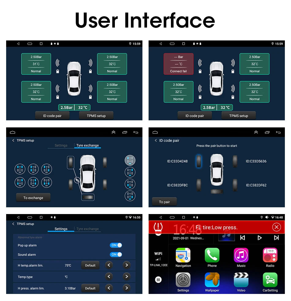 JMCQ USB Android TPMS Tire Pressure Monitoring System – 5 Internal/External Sensors with Display & Alarm for Car Navigation Radio