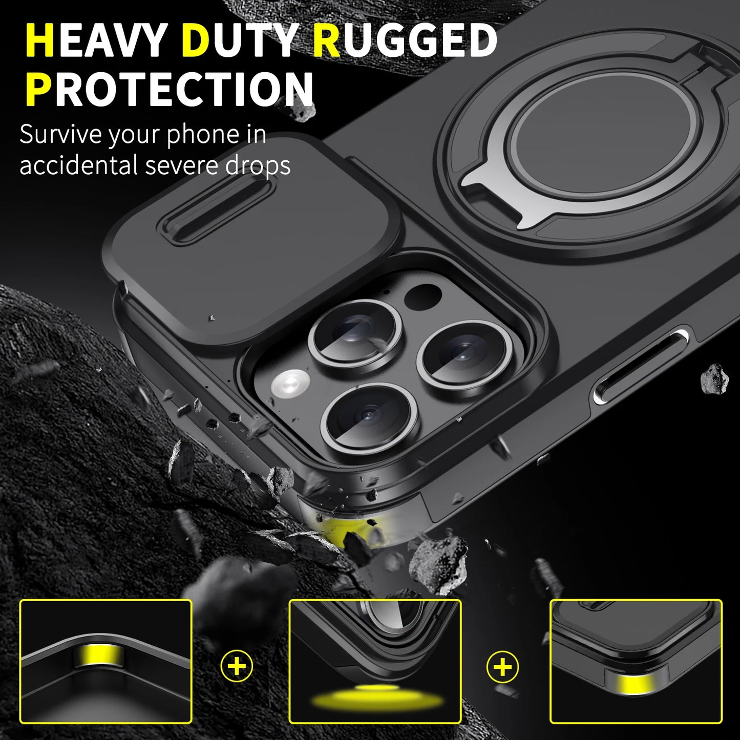 Luxury Rugged Armor Magnetic Case – Heavy Duty PC Cover with Slide Camera Protection for iPhone 16, 15, 14, 13, 12, 11 Pro Max Plus