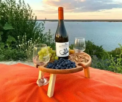 Wooden Folding Picnic Table – Round Foldable Desk with Wine Glass Rack, Portable Snack Table for Outdoor Camp