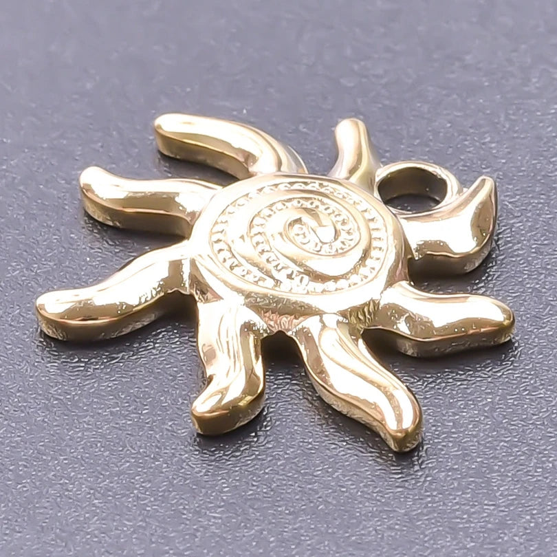 6pcs Real Gold-Plated Sun Charms - Stainless Steel Jewelry Making Pendants, Heart, Moon & Sunshine Design
