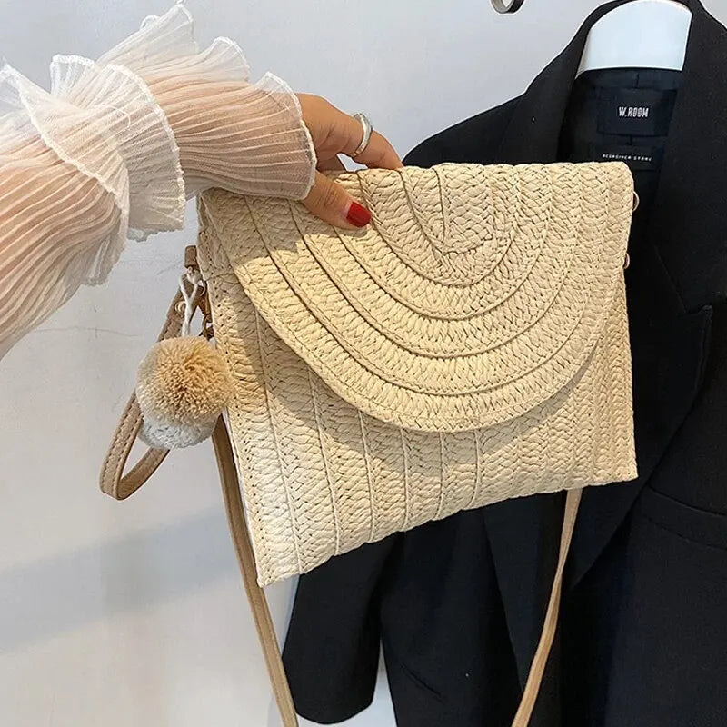 Handmade Straw Beach Bag – Small Woven Summer Shoulder Crossbody Clutch with Hair Ball