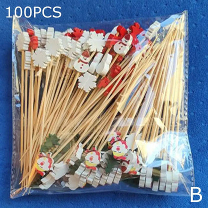 50PCS Christmas Bamboo Cocktail Picks – Santa, Snowflake & Tree Toothpicks for Drinks, Fruits, Desserts & Holiday Party Decorations 2024