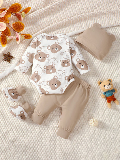0-9 Months Baby Boy Set – Little Bear Long Sleeve Bodysuit, Pants, Hat & Socks for Spring & Autumn Newborns