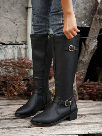 Women’s Winter High-Top Knight Boots – Side Zipper & Belt Buckle, Pointed Toe, PU Material with Cotton Lining