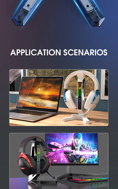 RGB Gaming Headset Stand – LED USB Charging Dock with Sound-Activated Lights & 11 Modes