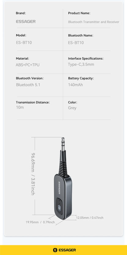 Essager 2 in 1 Bluetooth 5.1 Audio Receiver & Transmitter – Wireless 3.5mm AUX Stereo Adapter for Earphones, TV, & Car