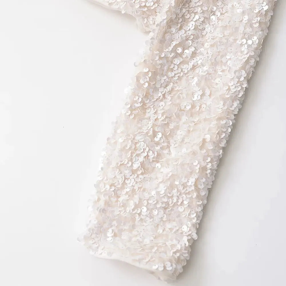 TRAF Women's Sequin Cropped Jacket – Long Sleeve O-Neck Coat with Bow Tie, Chic Outerwear Top