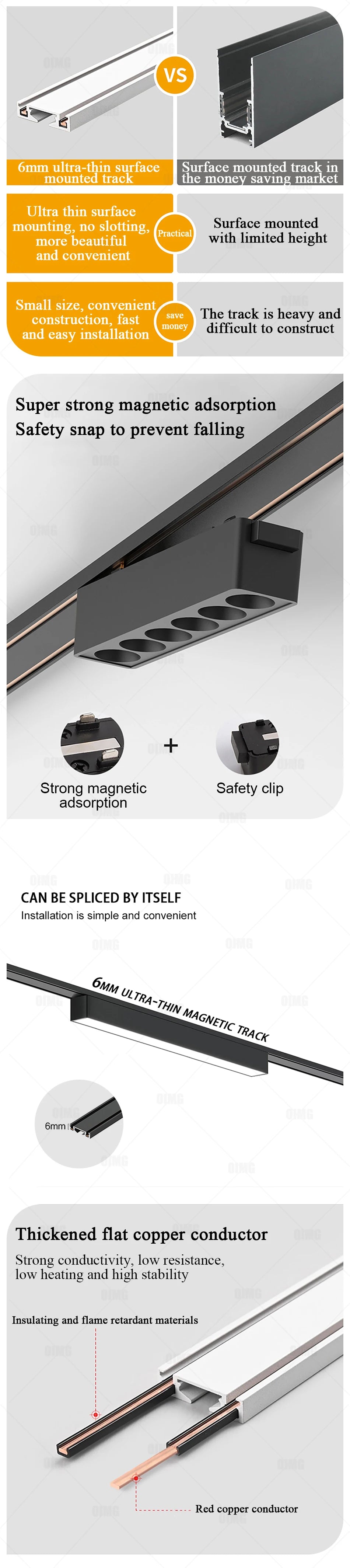 Smart Home Tuya Dimming 6mm Ultra-Thin Ceiling Mount Magnetic Track Light, 48V Slim Surface Mounted Linear Light