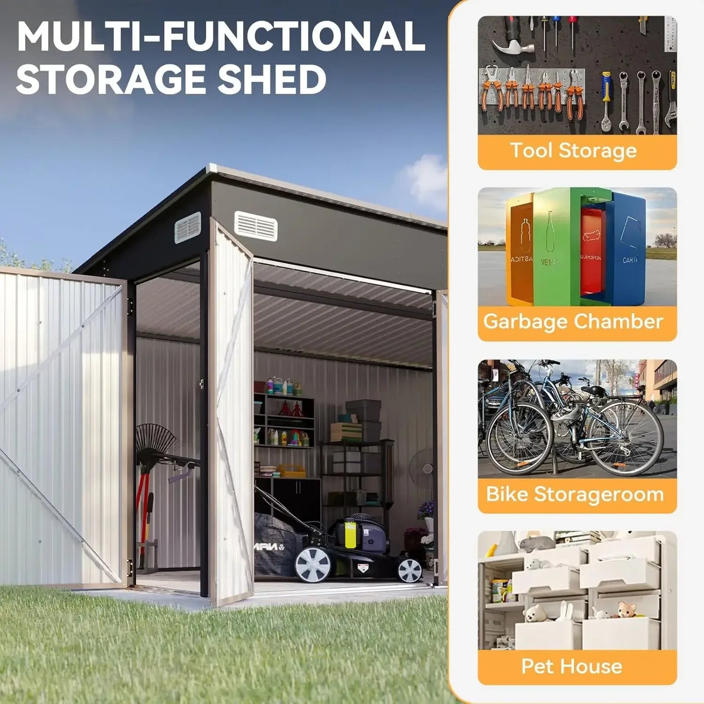11.5'x7.5' Outdoor Metal Storage Shed – Triple Lockable Door with Sloping Roof for Tools & Bicycles