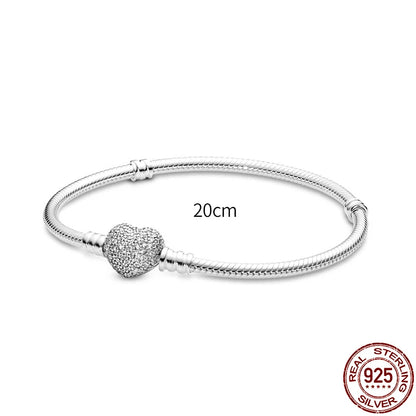 New 925 Sterling Silver Snake Chain Charm Bracelet – Fits Original 925 Pendant Charms & Beads, Heart Bracelet Jewelry for Women
