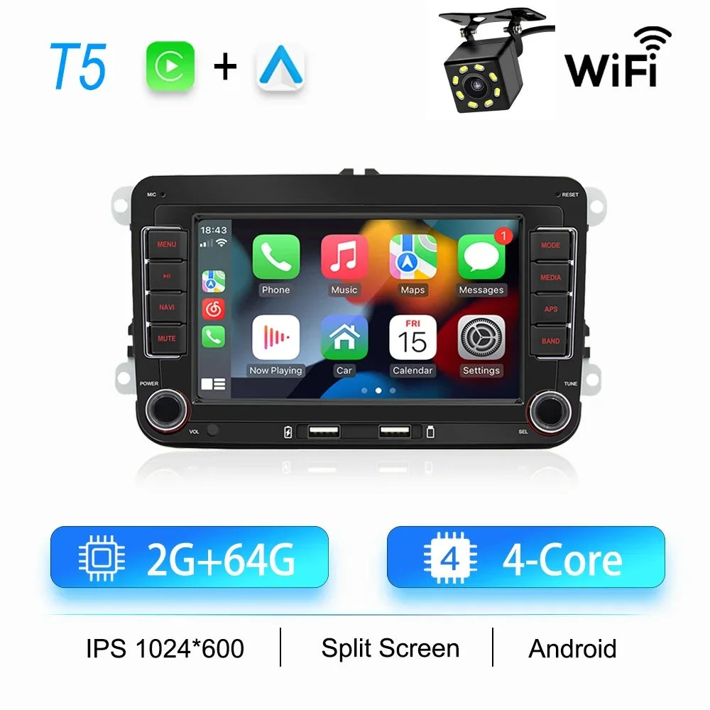 2DIN Android Car Radio for Volkswagen Golf 5/6, Polo, Passat B6/B7, CC, Skoda, Jetta - Multimedia, CarPlay, Wifi & GPS Navigation