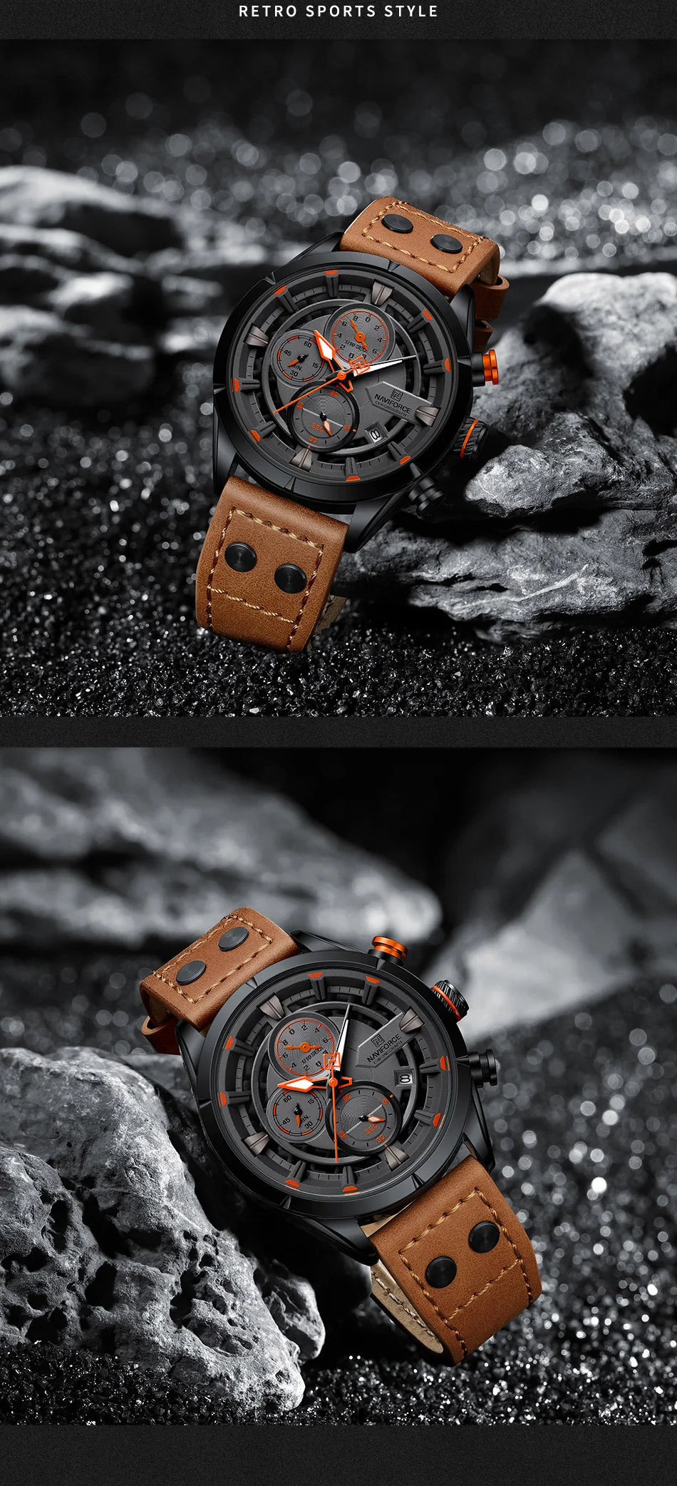 NAVIFORCE Men's Casual Watch – Luxury Waterproof Chronograph Quartz Wristwatch with Genuine Leather Strap