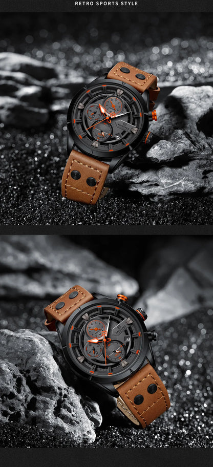 NAVIFORCE Men's Casual Watch – Luxury Waterproof Chronograph Quartz Wristwatch with Genuine Leather Strap