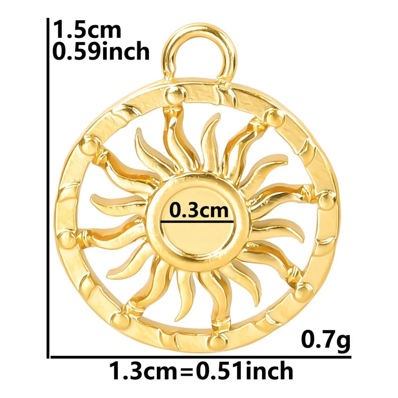 6pcs Real Gold-Plated Sun Charms - Stainless Steel Jewelry Making Pendants, Heart, Moon & Sunshine Design