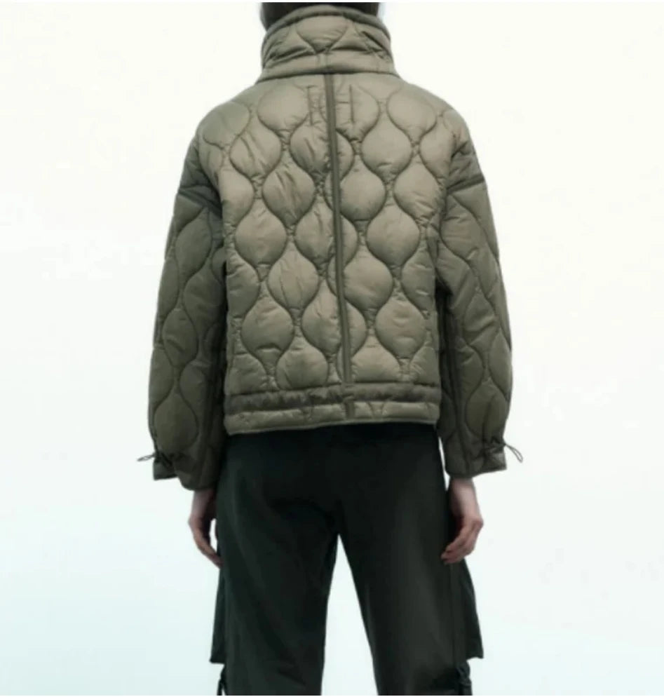 2024 ETJ Quilted Women's Coat – Beige Drawstring High Neck Jacket with Ties & Pockets