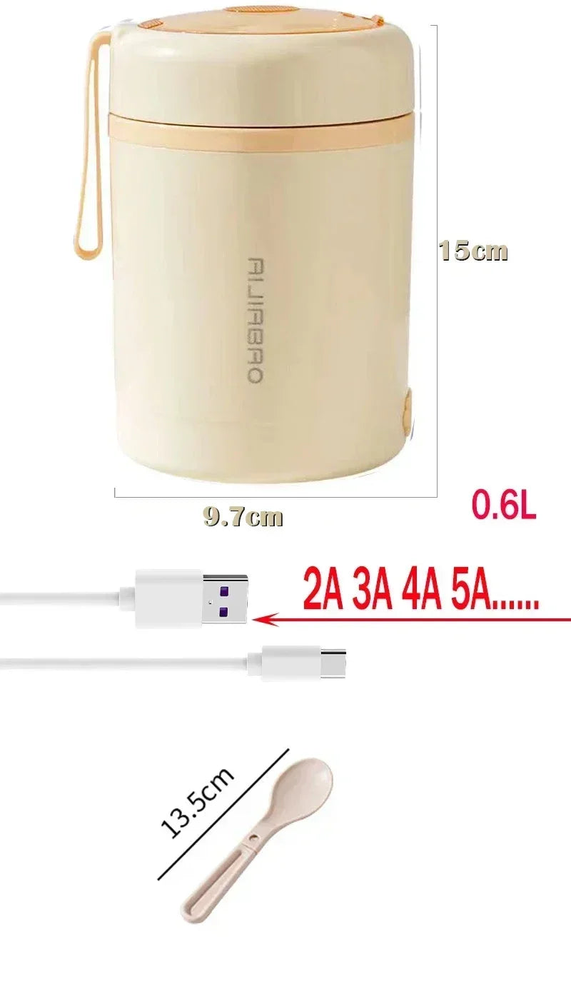 600ML USB Electric Heating Lunch Box — Portable Stainless Steel Food Warmer for Picnic, Milk, and Drinks (5V/12V/24V)
