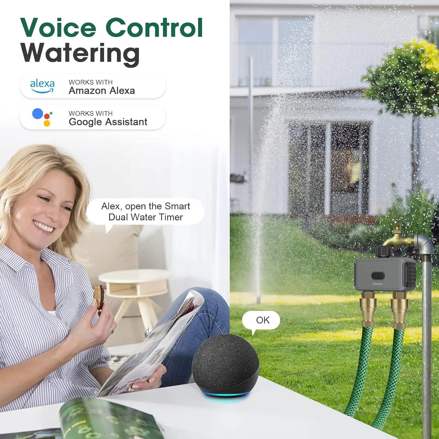 Zigbee/WiFi Automatic Water Timer – Dual Hose Garden Irrigation System, Sprinkler Programmer, Alexa Support