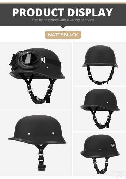 German Leather Motorcycle Half Helmet - Vintage Open Face Biker Helmet, DOT Certified, Casco Moto for S-XXL Sizes