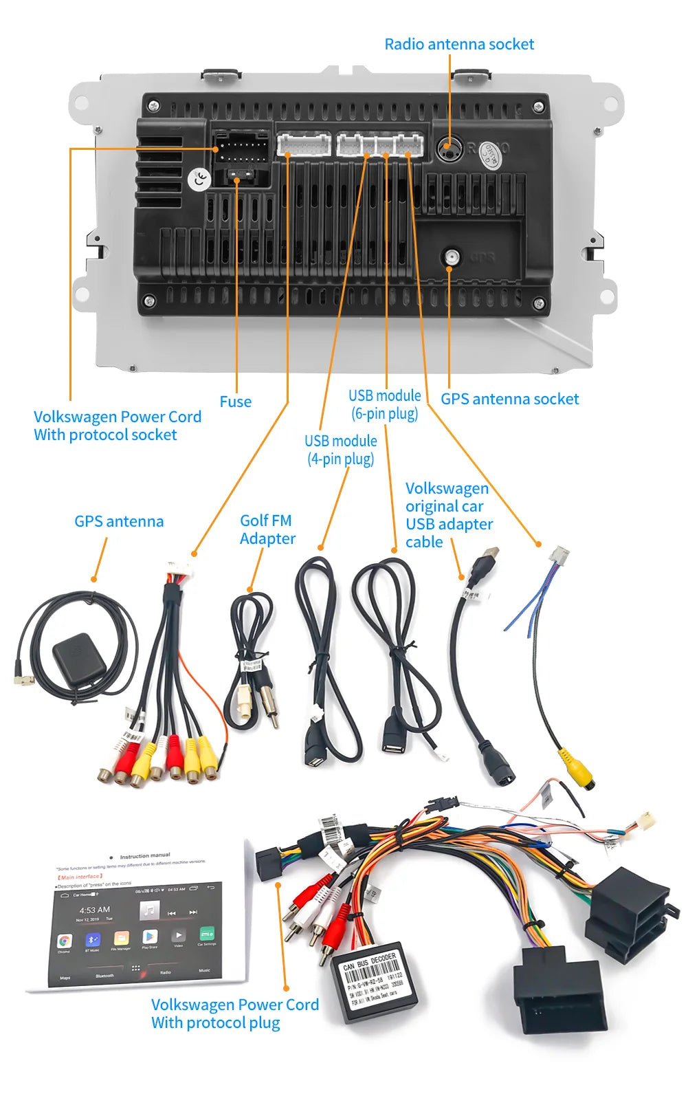2DIN Android Car Radio for Volkswagen Golf 5/6, Polo, Passat B6/B7, CC, Skoda, Jetta - Multimedia, CarPlay, Wifi & GPS Navigation