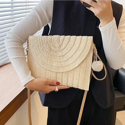 Handmade Straw Beach Bag – Small Woven Summer Shoulder Crossbody Clutch with Hair Ball