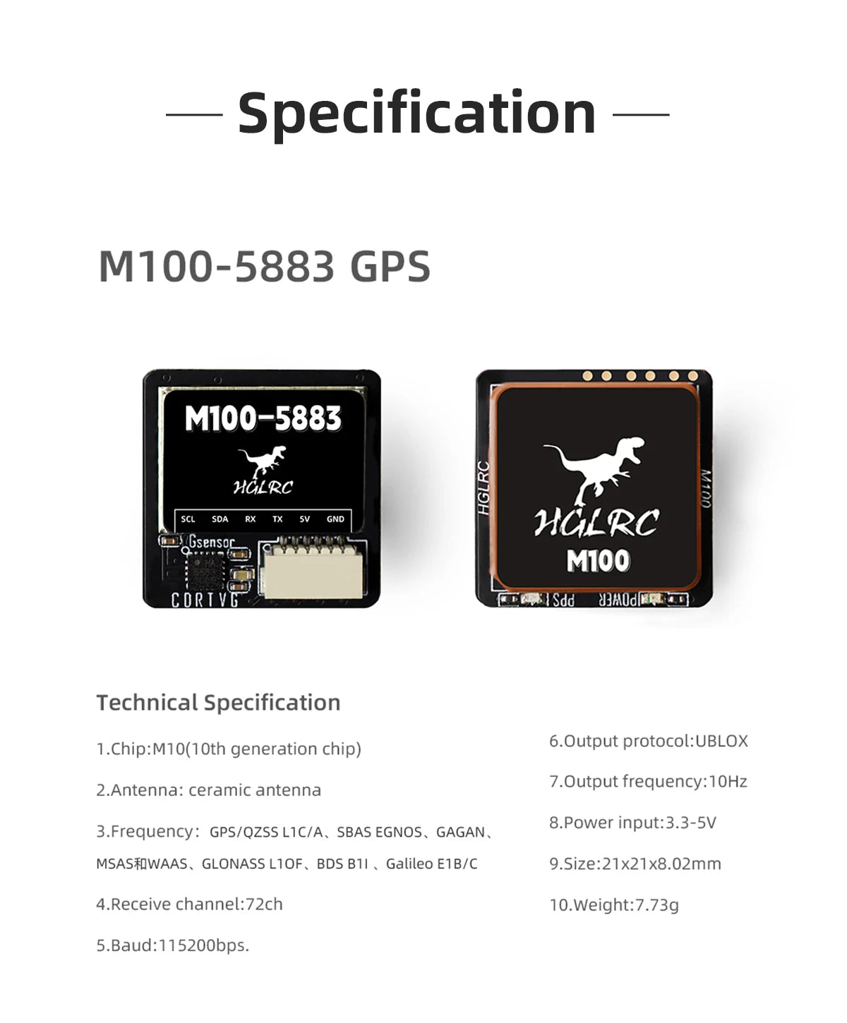 HGLRC M100-5883 M10 GPS Module with Compass – Ceramic Antenna & On-board LEDs, 21x21mm for RC Airplane FPV Long Range
