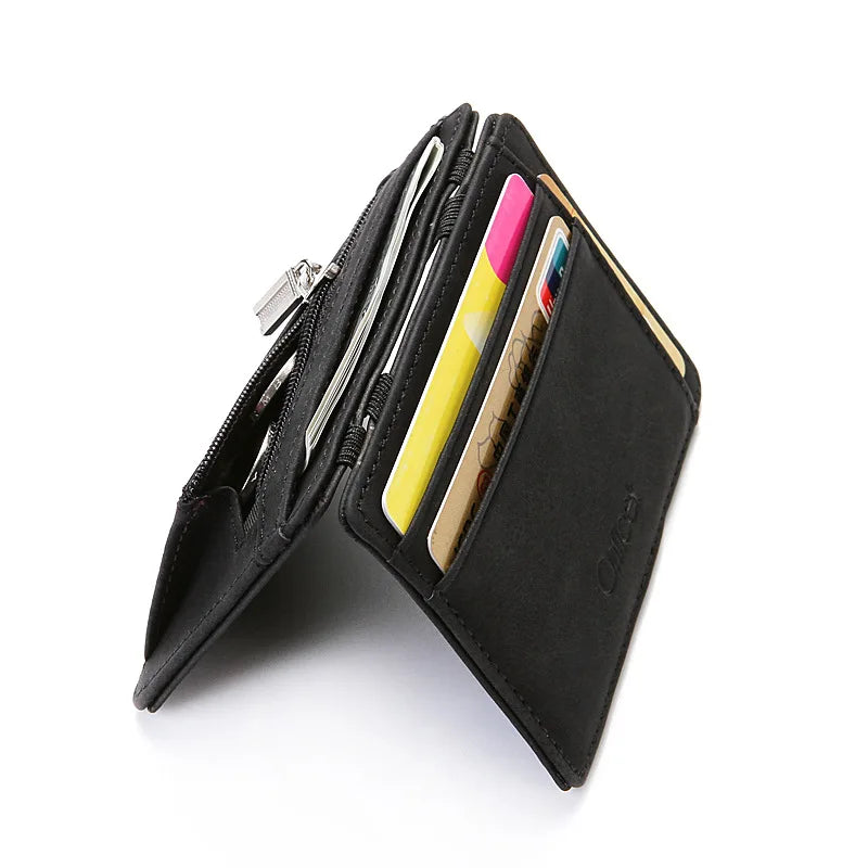 Compact Men's Card Holder Wallet: Mini Zipper Coin Pocket, Slim & Stylish Magic Wallet - High-Quality PU Leather, Ideal for Credit Cards and Cash