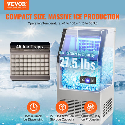 VEVOR Commercial Ice Maker – 100LB/24H, 45 Ice Cubes in 12-15 Mins, Freestanding with LED Display