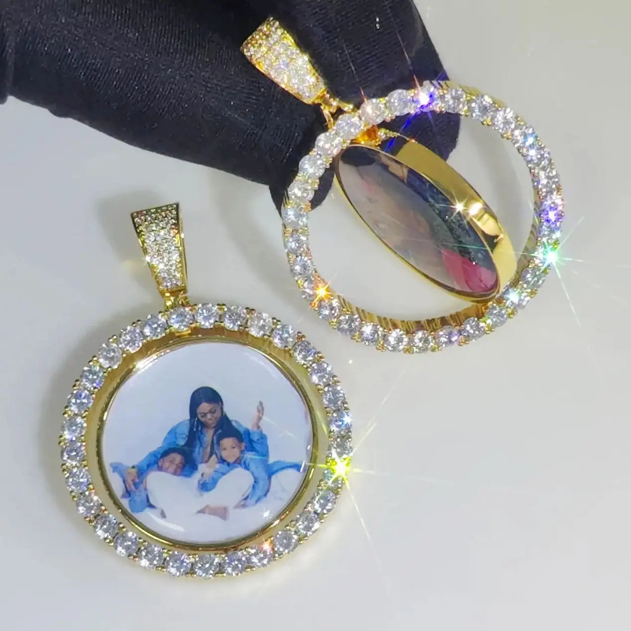 Customized Double-Side Photo Necklace – Personalized Picture Pendant with Cubic Zirconia, Hip Hop Jewelry Gift for Men & Women