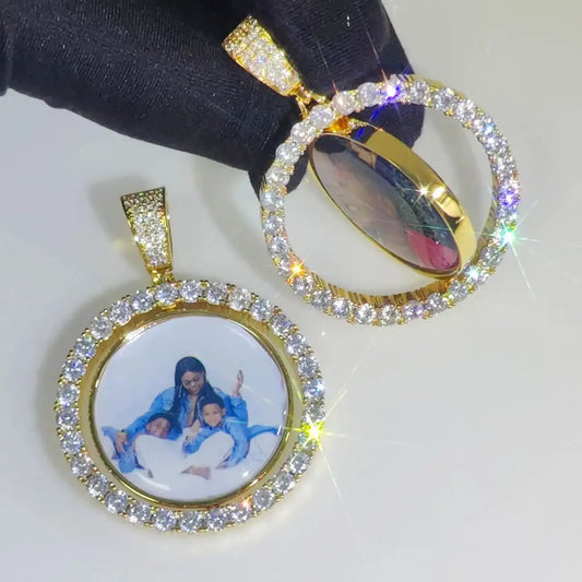Customized Double-Side Photo Necklace – Personalized Picture Pendant with Cubic Zirconia, Hip Hop Jewelry Gift for Men & Women