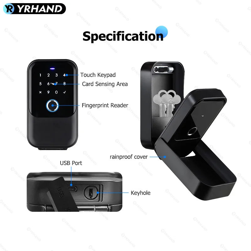 YRHAND TTlock Smart Password Fingerprint Lock Box – Digital Card & Tuya-Compatible Portable IP66 Security for Smart Homes