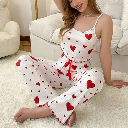 Women’s Autumn Winter Pajama Set – Heart Print Sleeveless Cami Top & Long Pants Sleepwear