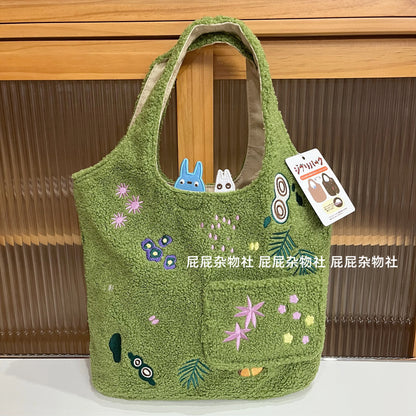 Cartoon Cat Embroidered Lamb Plush Handbag – Cute One-Shoulder Messenger Bag for Mobile Phone & Daily Use