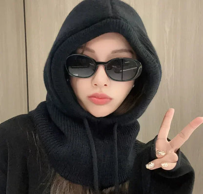 Knitted Hooded Balaclava Caps – Winter Korean Style Outdoor Warmer, One-Piece Neck Collar Beanie Hat for Women