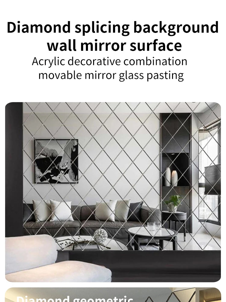 3D Diamond Acrylic Mirror Wall Sticker – Removable Decorative Glass Tiles (17pcs)