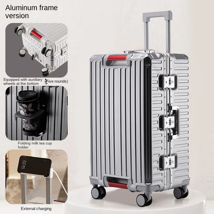 30-Inch Five-Wheel Aluminum Frame Suitcase — Multifunctional Cabin Luggage with Password Lock, USB Port & Cup Holder