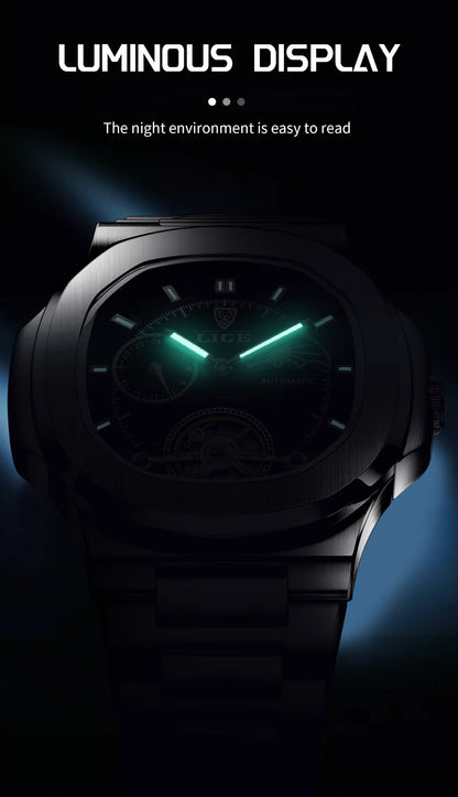 LIGE Dual Seconds Tourbillon Watch – Men's Stainless Steel Mechanical Timepiece, 24H, Night Glow, Waterproof