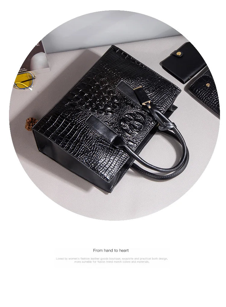 New Crocodile Pattern Handbag Set for Women — 3Pcs Tote, Shoulder Bag & Clutch, Large Capacity Fashion Set