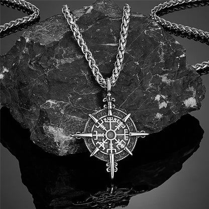 Retro Gold Viking Compass Necklace – Antique Stainless Steel Norse Rune Vegvisir Amulet Pendant for Men